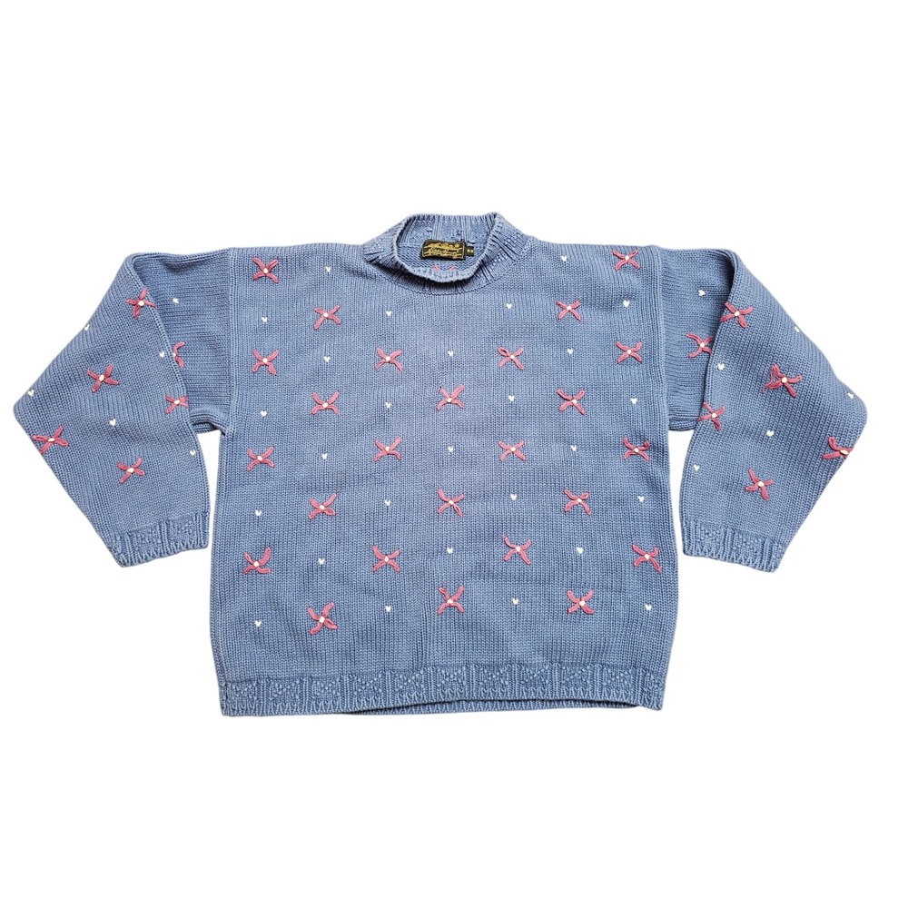 Vintage 1991‎ Eddie Bauer Blue Embroidered Bow Heart Mock Neck Sweater Mens M